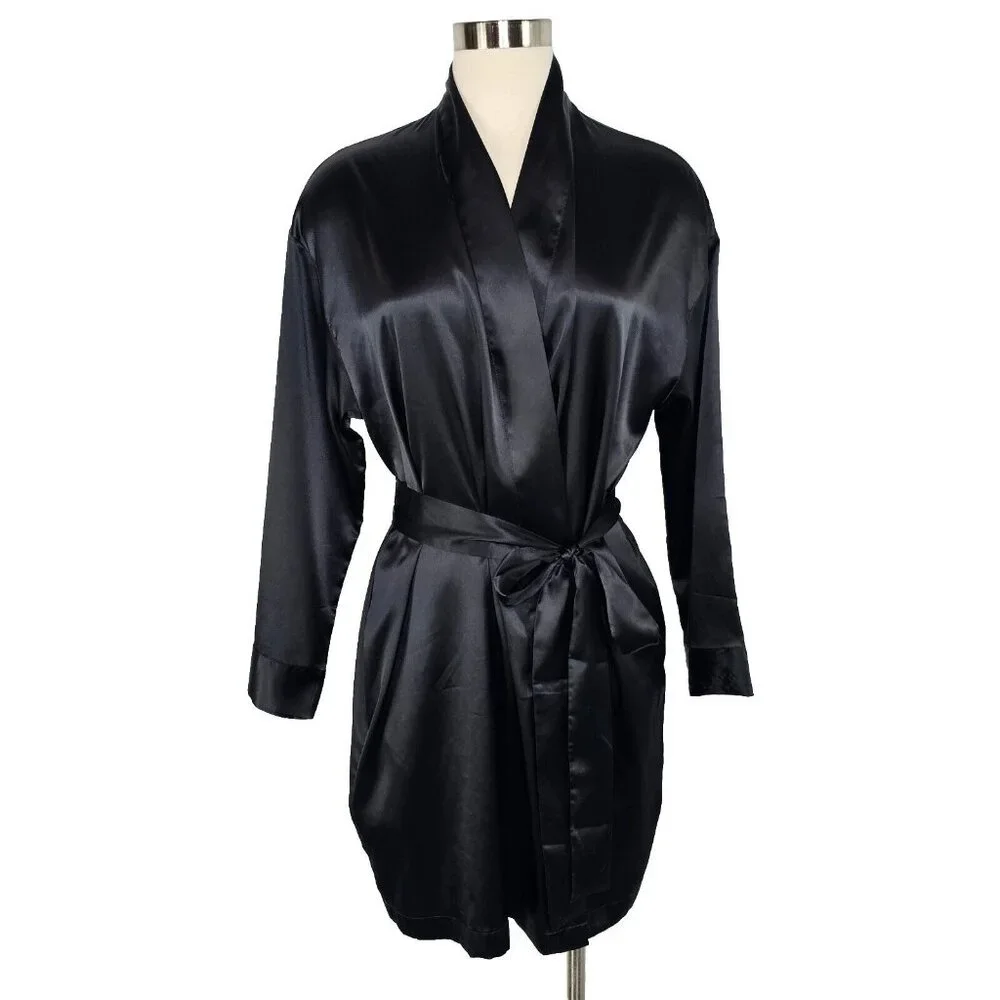 Vintage Y2K Victorias Secret Black Satin Robe One Size Short Dainty Romantic